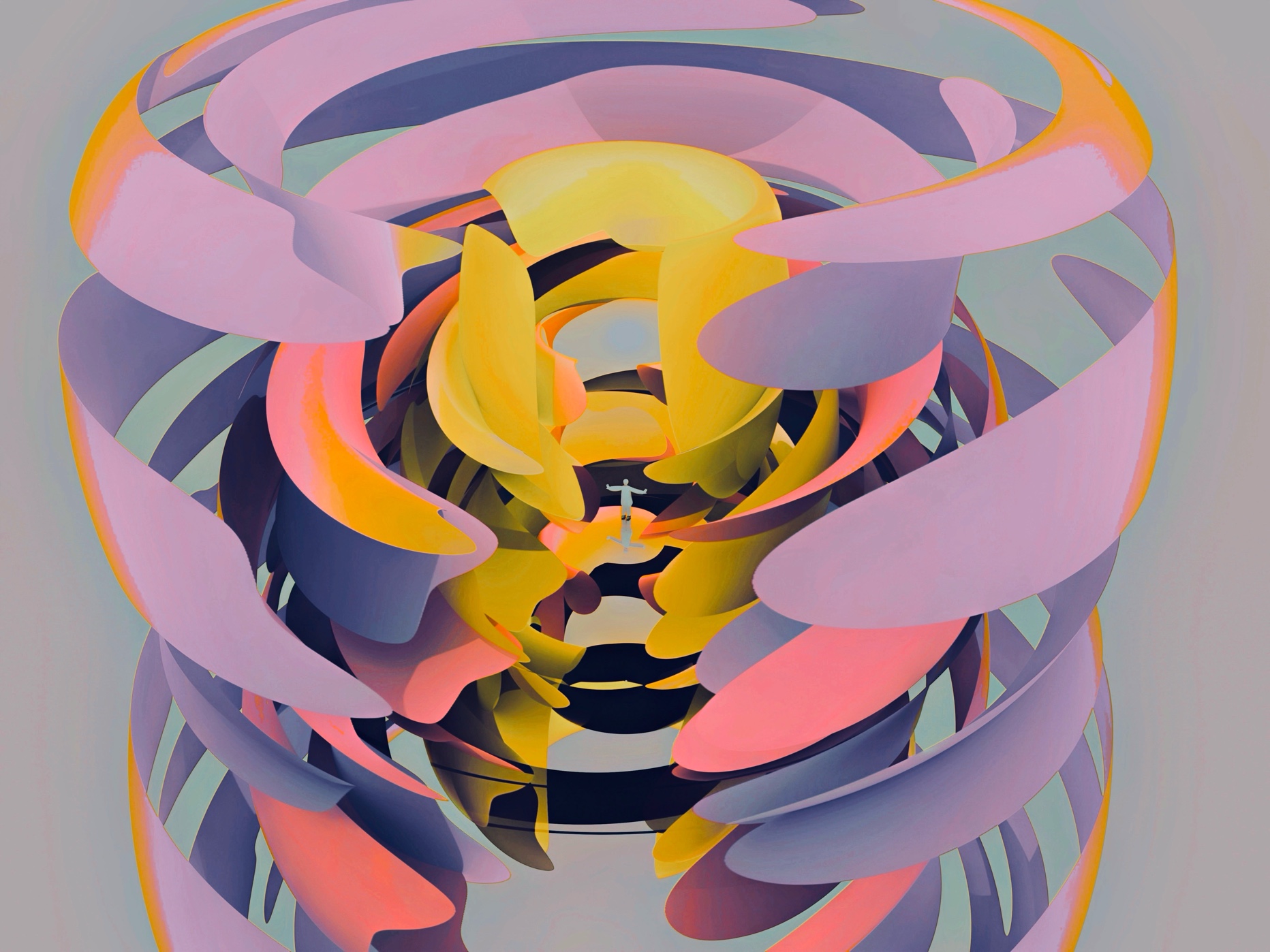 This is an image of Atsushigraph's work Buffer. It depicts purple, yellow, and pale pink bands wrapping around a person standing in the center.