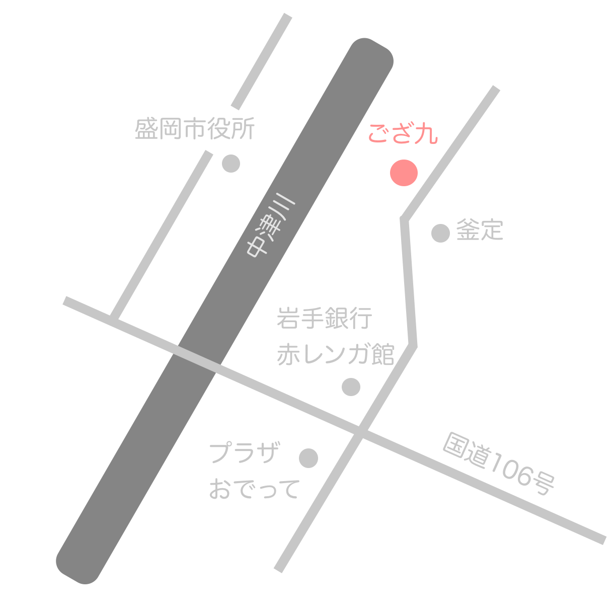 ござ九周辺の簡易地図画像です。