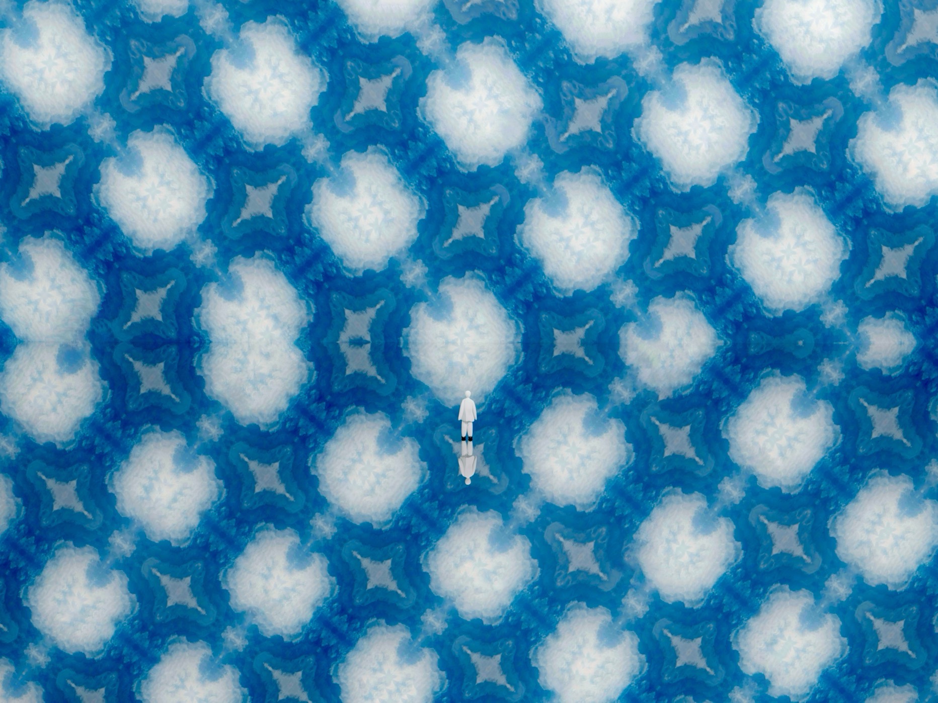 Atsushigraphのグラフィックアート「Cloud Pocket」の画像です。綿雲のようなポケットが、青空を連想させる背景に連なっています。その景色を、小さな人が真ん中で見つめている構図が3DCGによって描かれています。2024年作。