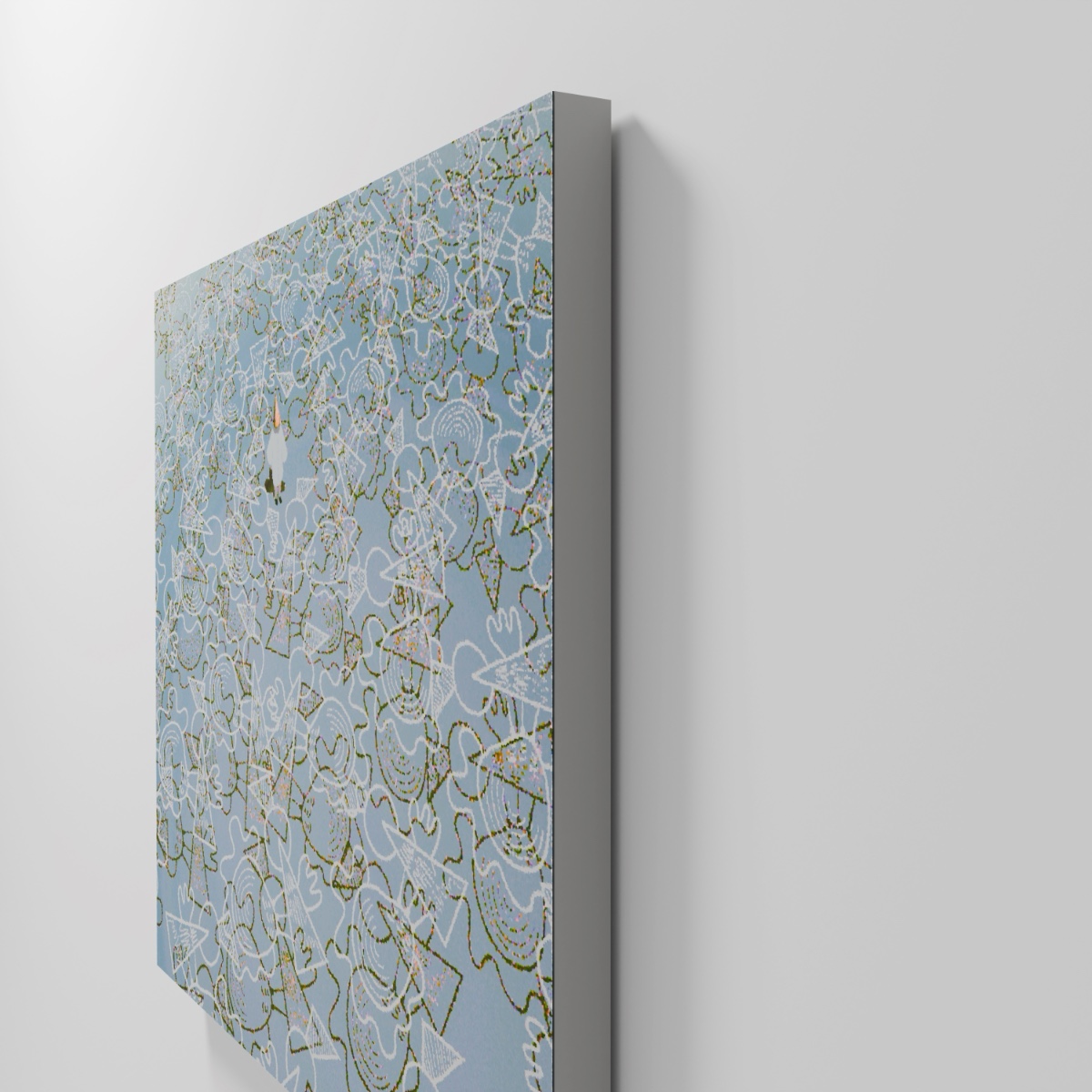 Atsushigraphの木製パネルジークレー版画 Formulaの側面を捉えたモックアップ画像です。グレーのテープで仕上げられています。